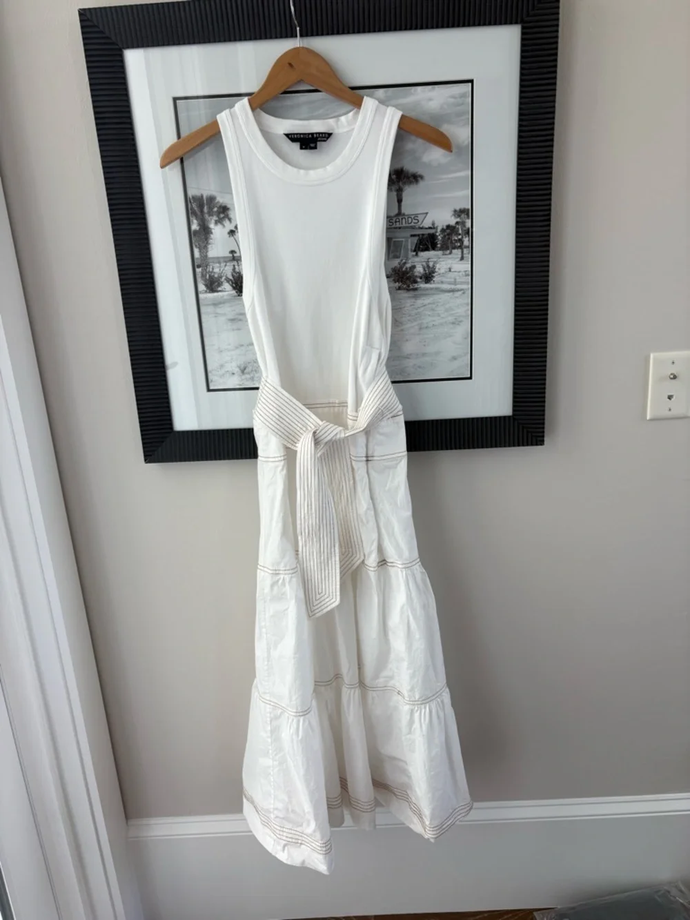 Veronica Beard Austyn Tiered White Midi Dress Tie Waist Size M - Picture 6 of 11